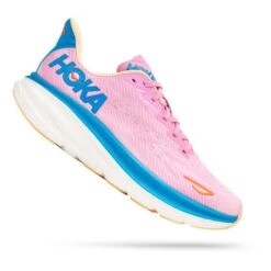 Hoka Soldes Magasin 3 Chaussures HOKA Clifton 9 Rose Chewing-gum Bleu Foncé Orange Femme