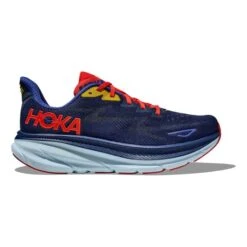 Chaussures HOKA Clifton 9 Wide Bleu Foncé Rouge Brillant Jaune