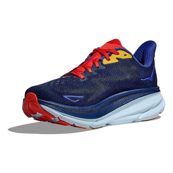 Chaussures HOKA Clifton 9 Wide Bleu Foncé Rouge Brillant Jaune 4 Chaussures HOKA Clifton 9 Wide Bleu Foncé Rouge Brillant Jaune – Image 4